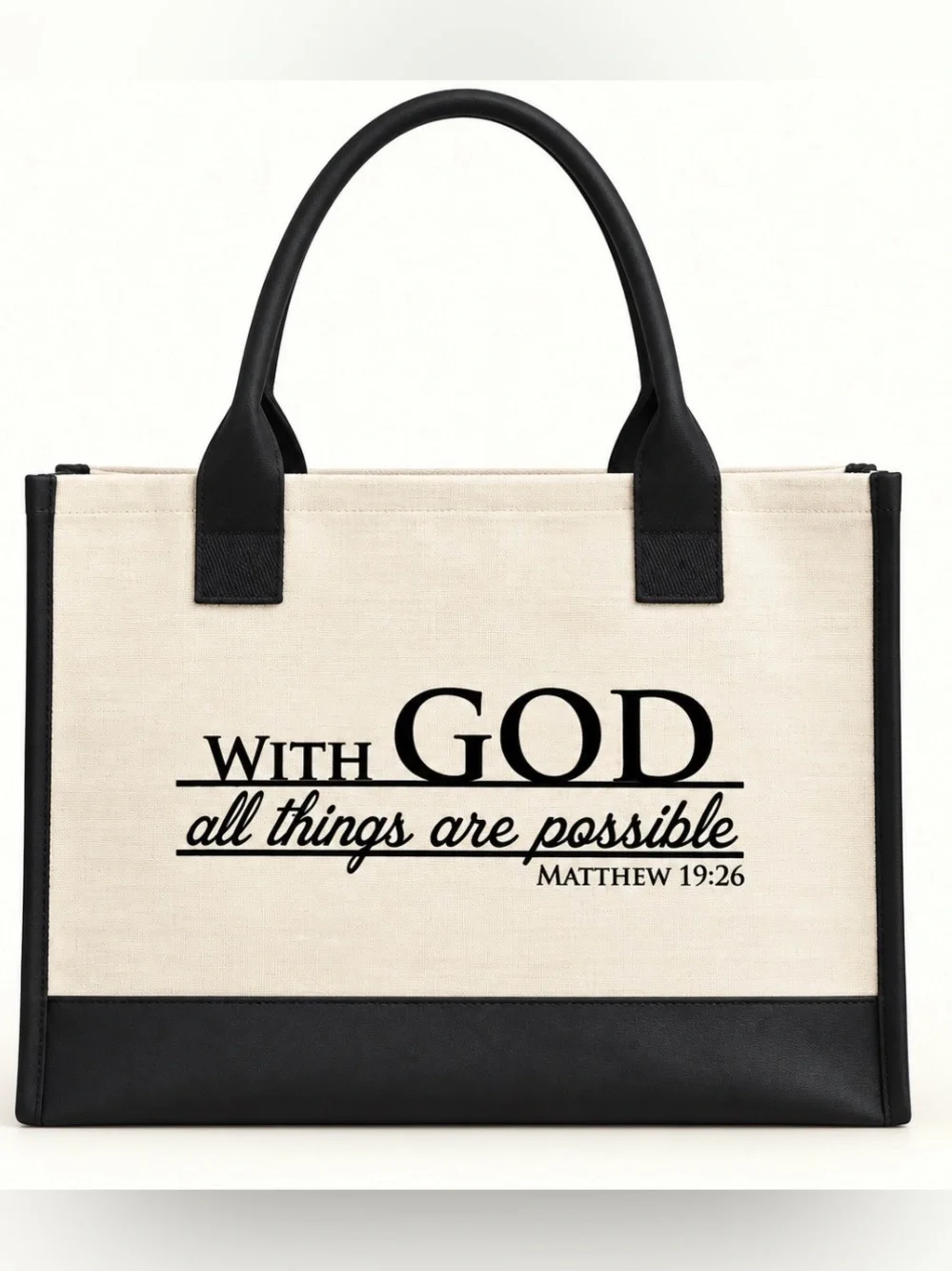 Canvas Tote Bag with Scripture Print - Black & Cream